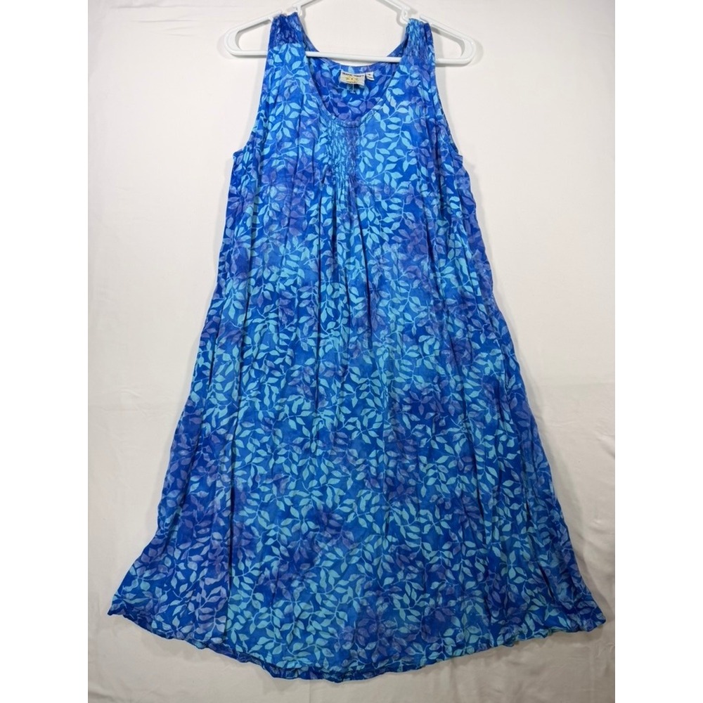 Batik Bali Midi Dress Womens Medium Blue Purple Leaf Print Sleeveless Excellent